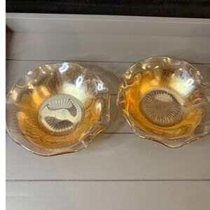 2 Vintage Marigold Ruffled Edge Carnival Small Glass Bowls